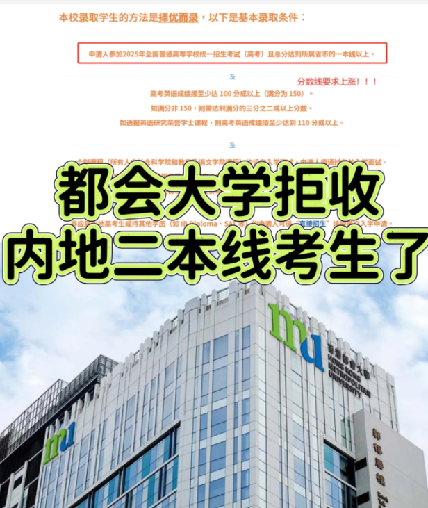 香港都會大學本科申請門檻提升，需一本線！
